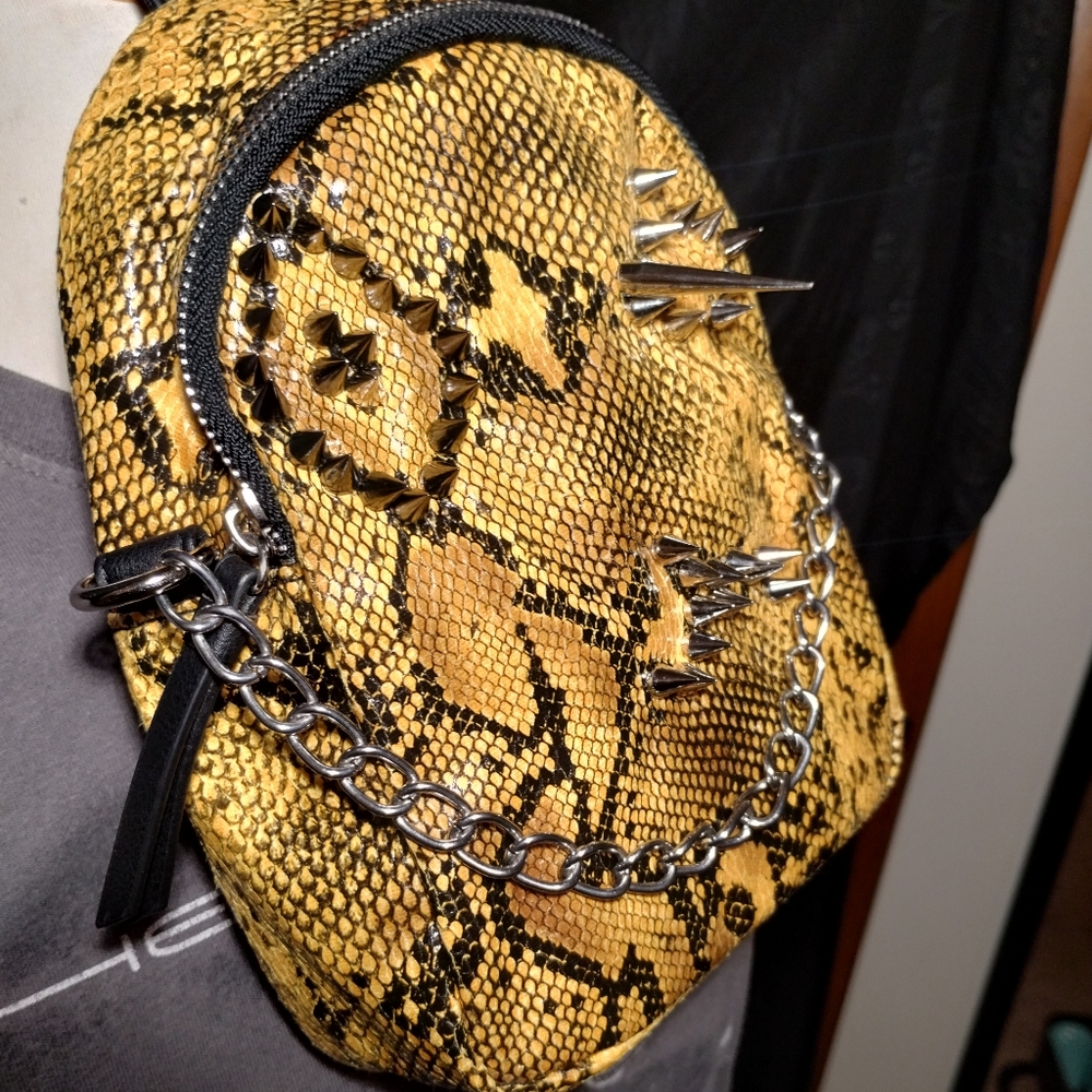 Spiked Yellow & Black Snake Print Mini Backpack